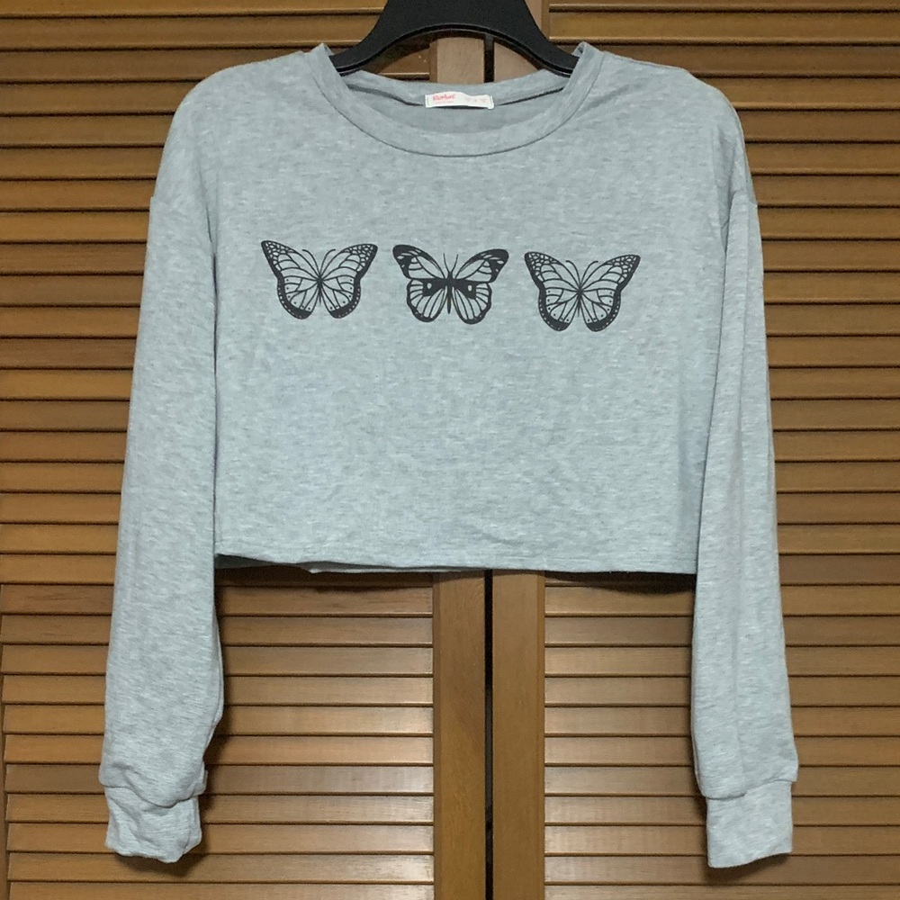 Romwe Grey Crop Sweater Butterfly Print M 6